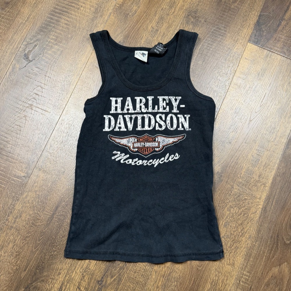 Harley Davidson Women's L Black Ribbed Tank Top Made in USA Motorcycle Biker